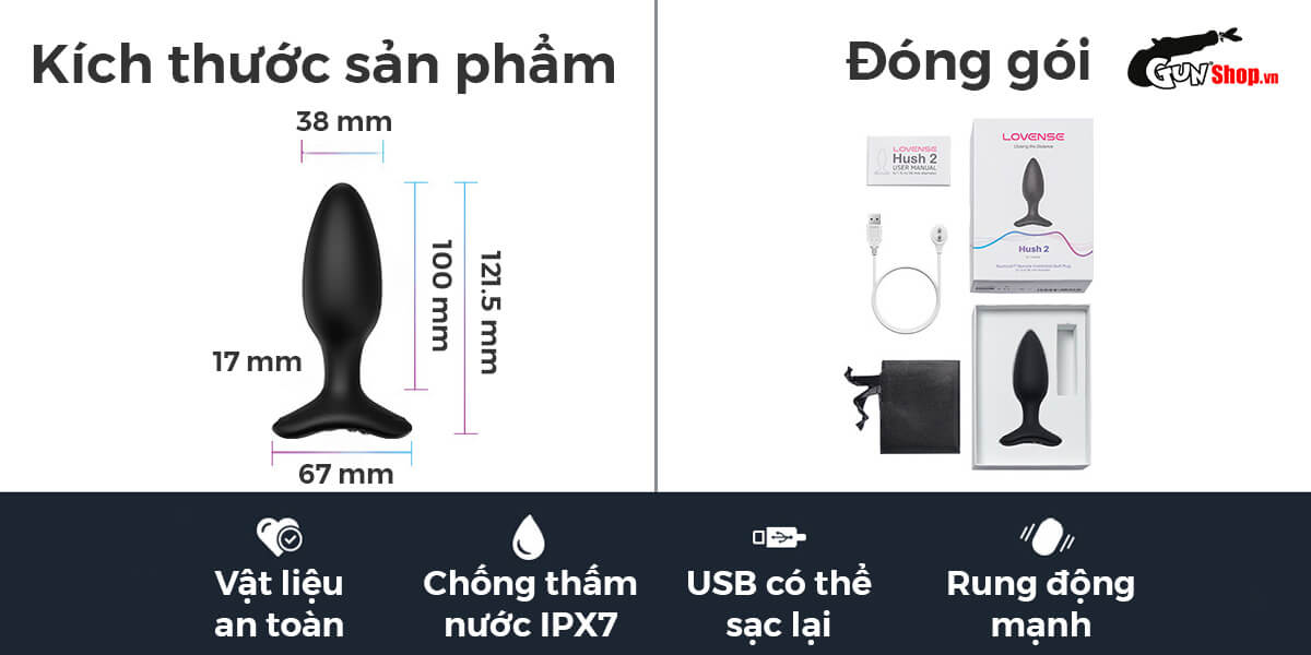 Trứng rung hậu môn Lovense Hush 2 điều khiển bluetooth cho gay