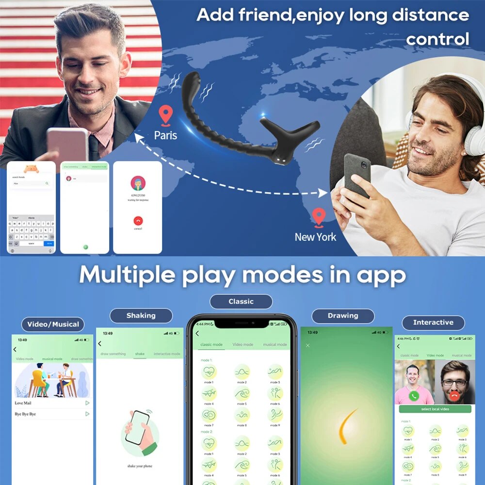 Vòng đeo dương vật chuỗi xoắn kích thích hậu môn điều khiển qua app