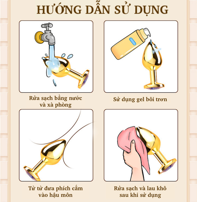 Phích inox cắm hậu môn Anal Toy vàng đính đá tinh tế tăng hưng phấn BDSM