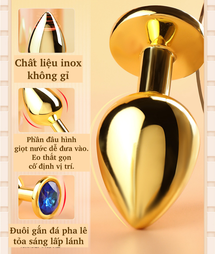 Phích inox cắm hậu môn Anal Toy vàng đính đá tinh tế tăng hưng phấn BDSM