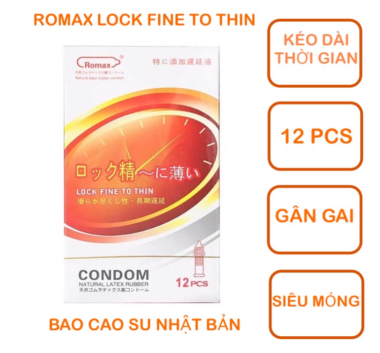 Bao cao su Romax Lock Fine To Thin hộp 12c gân gai của Nhật Bản