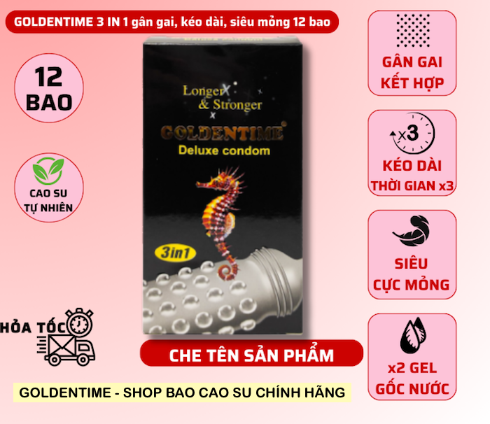 Bao cao su Goldentime 3 in 1 siêu gân gai kéo dài thời gian