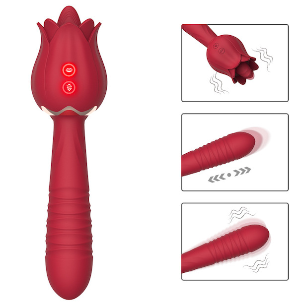 Dương vật giả 2 đầu rung thụt kèm lưỡi liếm hình bông hoa hồng chày rung massage Dương vật giả 2 đầu rung thụt kèm lưỡi liếm hình bông hoa hồng chày rung massage