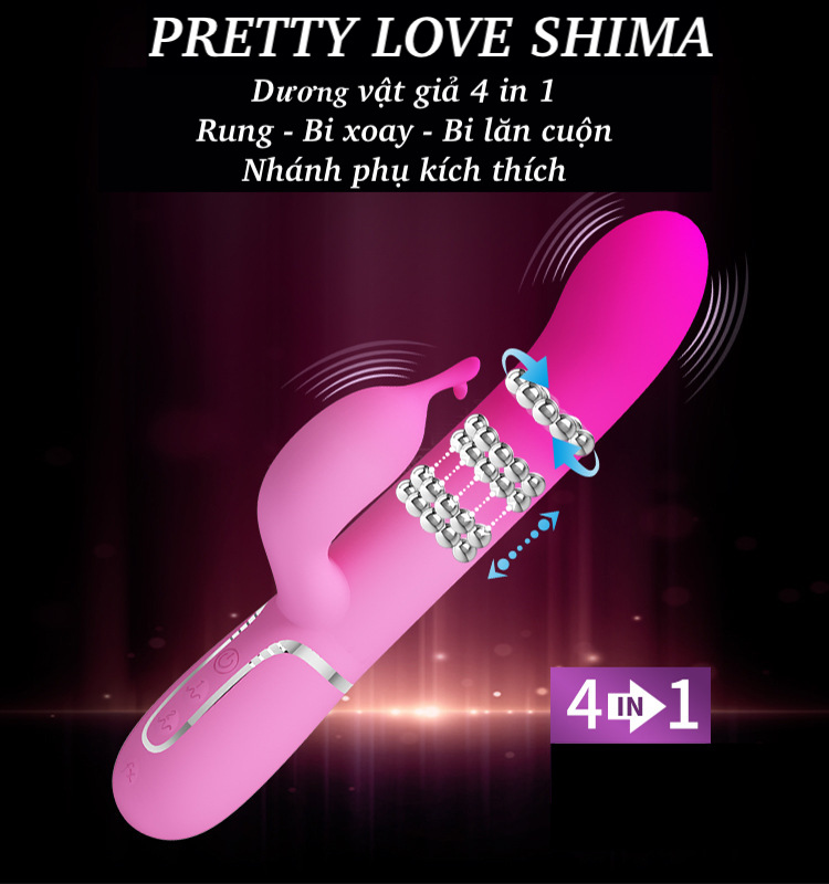 Dương vật giả Pretty Love Shima 4 trong 1 bi xoay nhánh tai thỏ rung mạnh